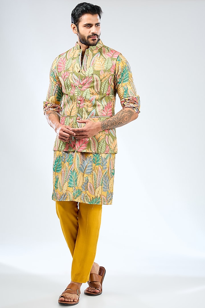 Multi-Colored Silk Sequins Work & Printed Bundi Jacket Set by Rabani & Rakha Men at Pernia's Pop Up Shop