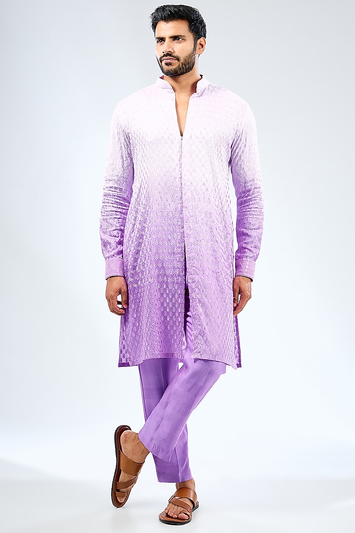 Lilac-Shaded Silk Thread Work Kurta Set by Rabani & Rakha Men