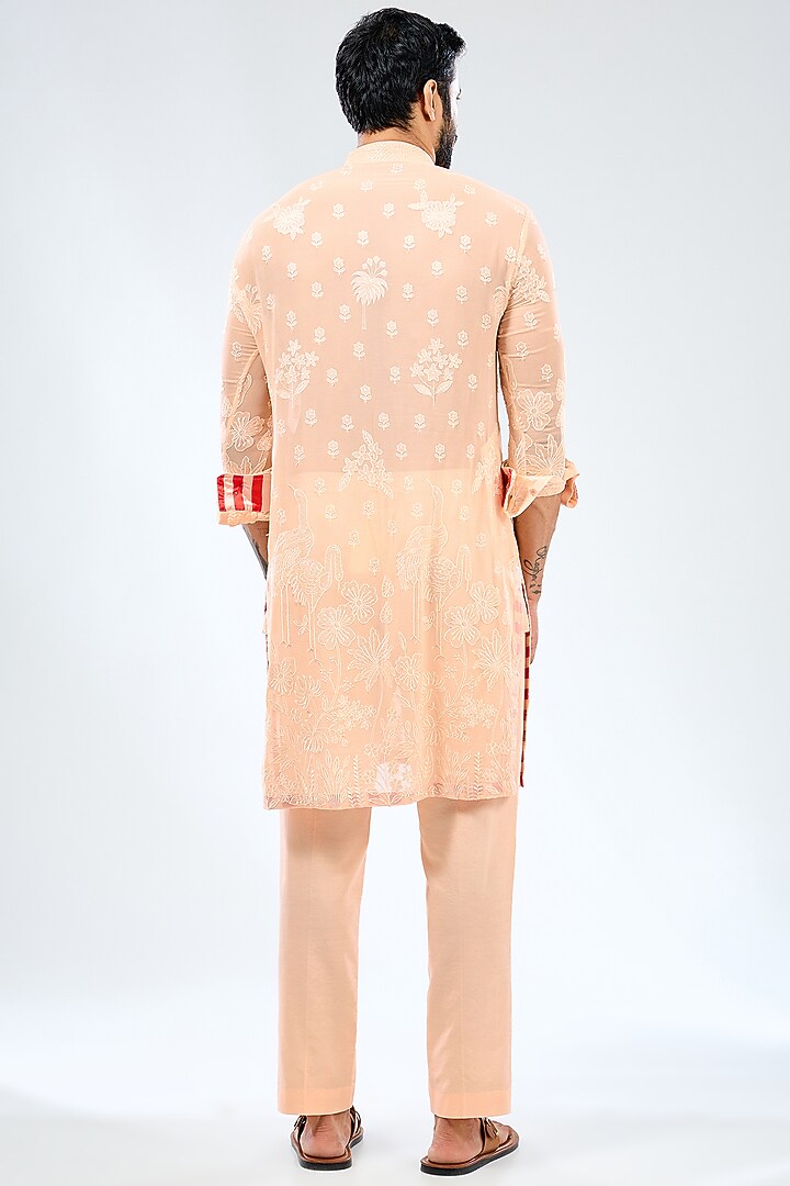 Pale Peach Georgette Thread Embroidered Kurta Set by Rabani & Rakha Men at Pernia's Pop Up Shop