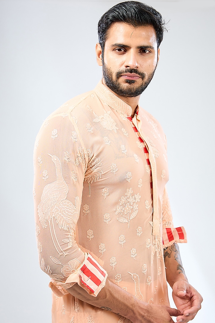 Pale Peach Georgette Thread Embroidered Kurta Set by Rabani & Rakha Men at Pernia's Pop Up Shop