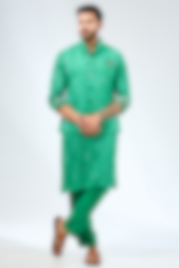 Emerald Green Georgette Thread Embroidered & Printed Bundi Jacket Set by Rabani & Rakha Men