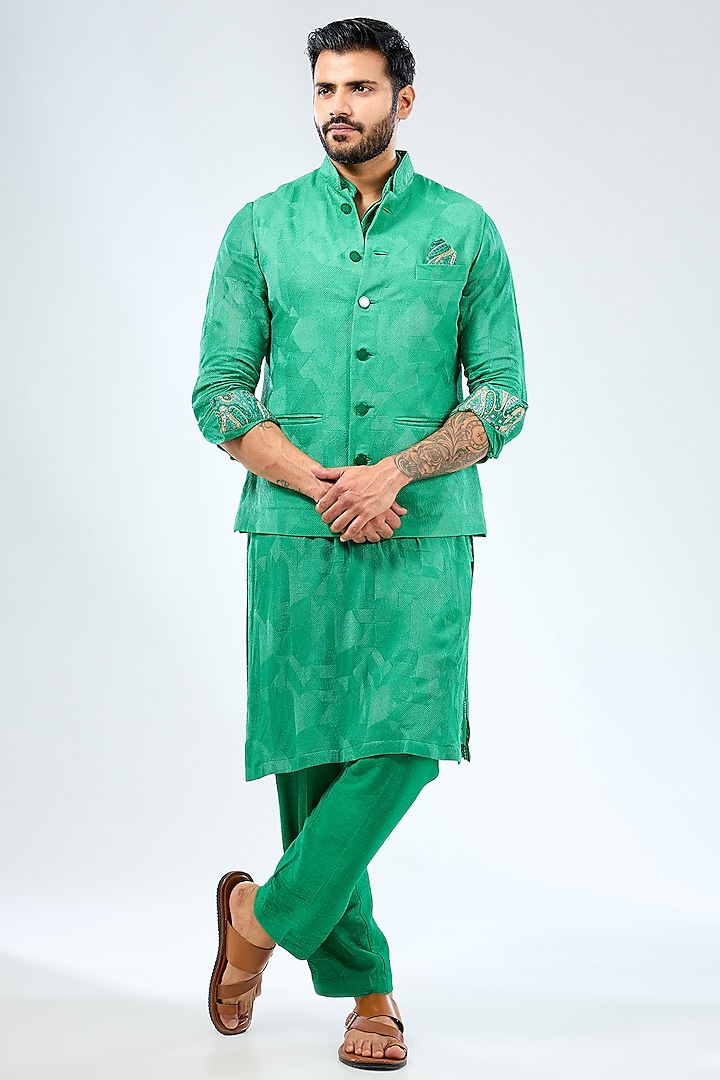 Emerald Green Georgette Thread Embroidered & Printed Bundi Jacket Set by Rabani & Rakha Men