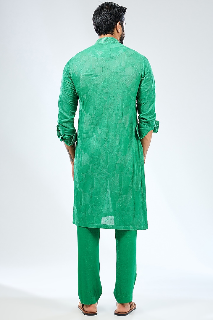 Emerald Green Georgette Thread Embroidered & Printed Bundi Jacket Set by Rabani & Rakha Men at Pernia's Pop Up Shop