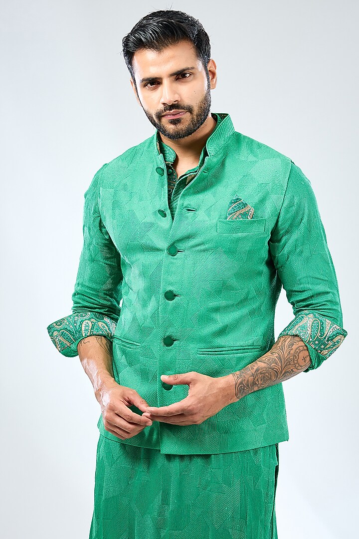 Emerald Green Georgette Thread Embroidered & Printed Bundi Jacket Set by Rabani & Rakha Men at Pernia's Pop Up Shop