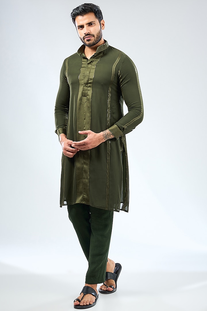 Mehendi Green Georgette Sequins Work Kurta Set by Rabani & Rakha Men