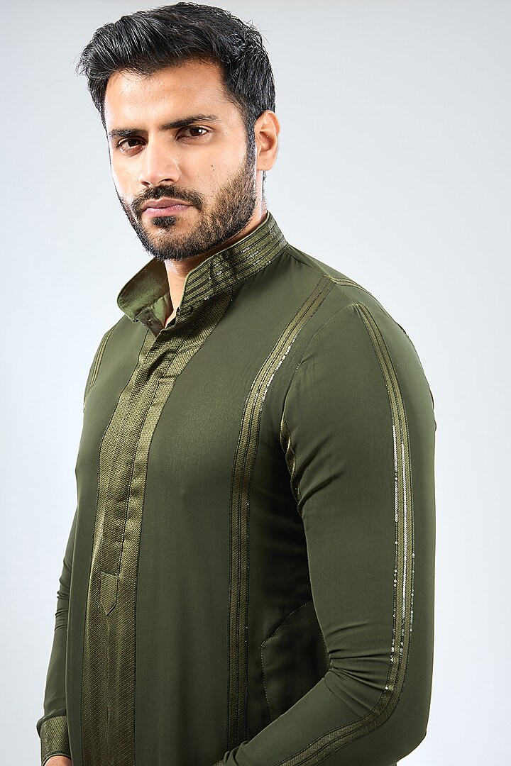 Mehendi Green Georgette Sequins Work Kurta Set by Rabani & Rakha Men at Pernia's Pop Up Shop