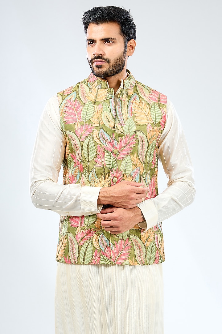 Multi-Colored Silk Sequins Embroidered Bundi Jacket Set by Rabani & Rakha Men at Pernia's Pop Up Shop