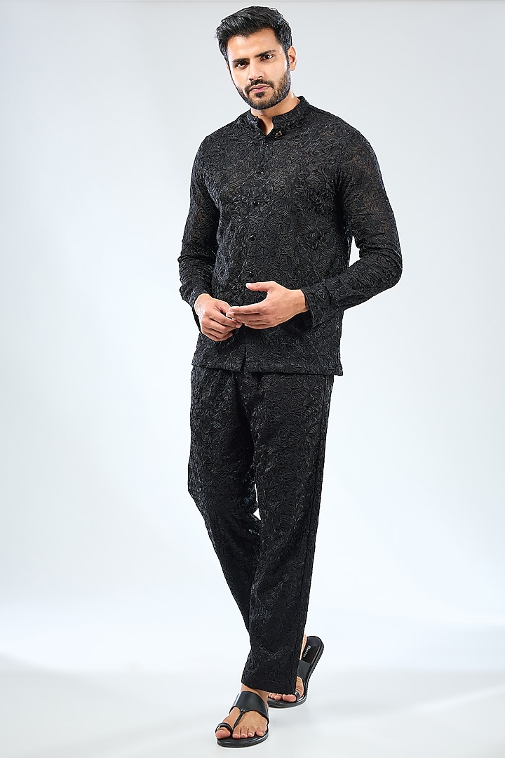 Black Georgette Thread Embroidered Co-Ord Set by Rabani & Rakha Men