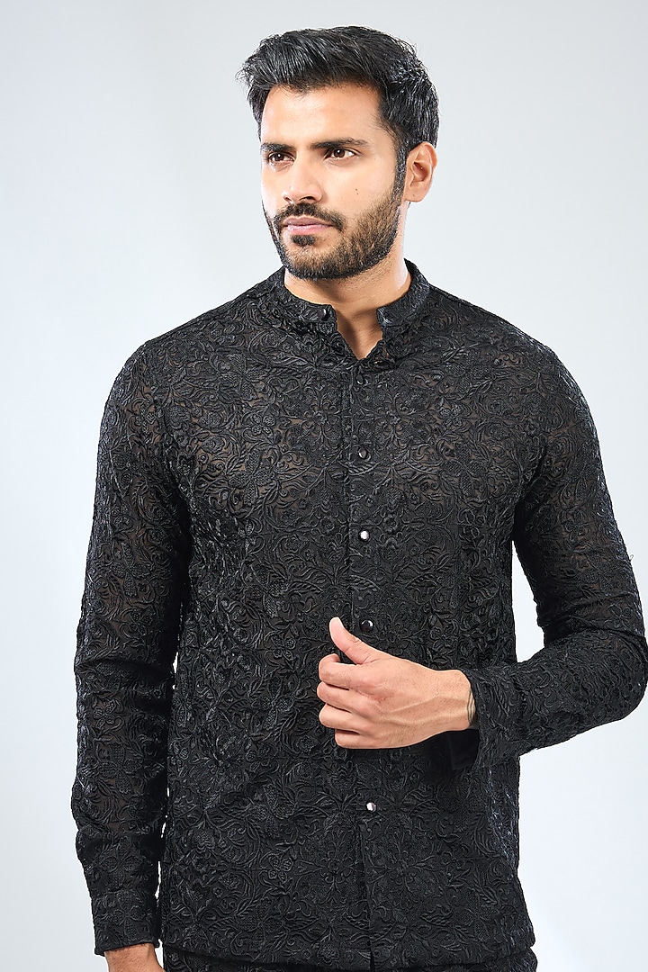 Black Georgette Thread Embroidered Co-Ord Set by Rabani & Rakha Men at Pernia's Pop Up Shop