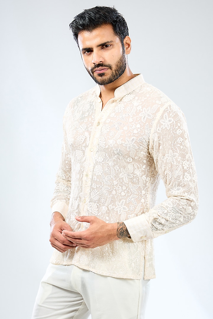 Ivory Georgette Thread Embroidered Co-Ord Set by Rabani & Rakha Men at Pernia's Pop Up Shop