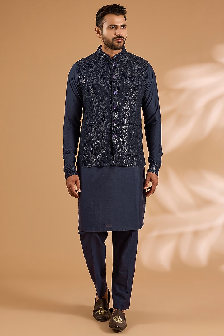 Blue Georgette Sequins Work Bundi Jacket Set by Rabani & Rakha Men at Pernia's Pop Up Shop