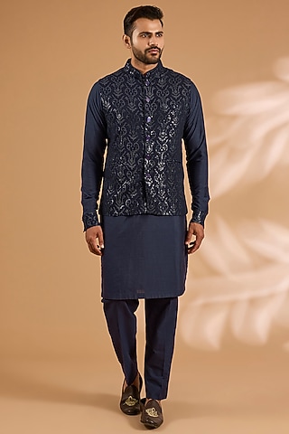 Blue Georgette Sequins Work Bundi Jacket Set by Rabani & Rakha Men