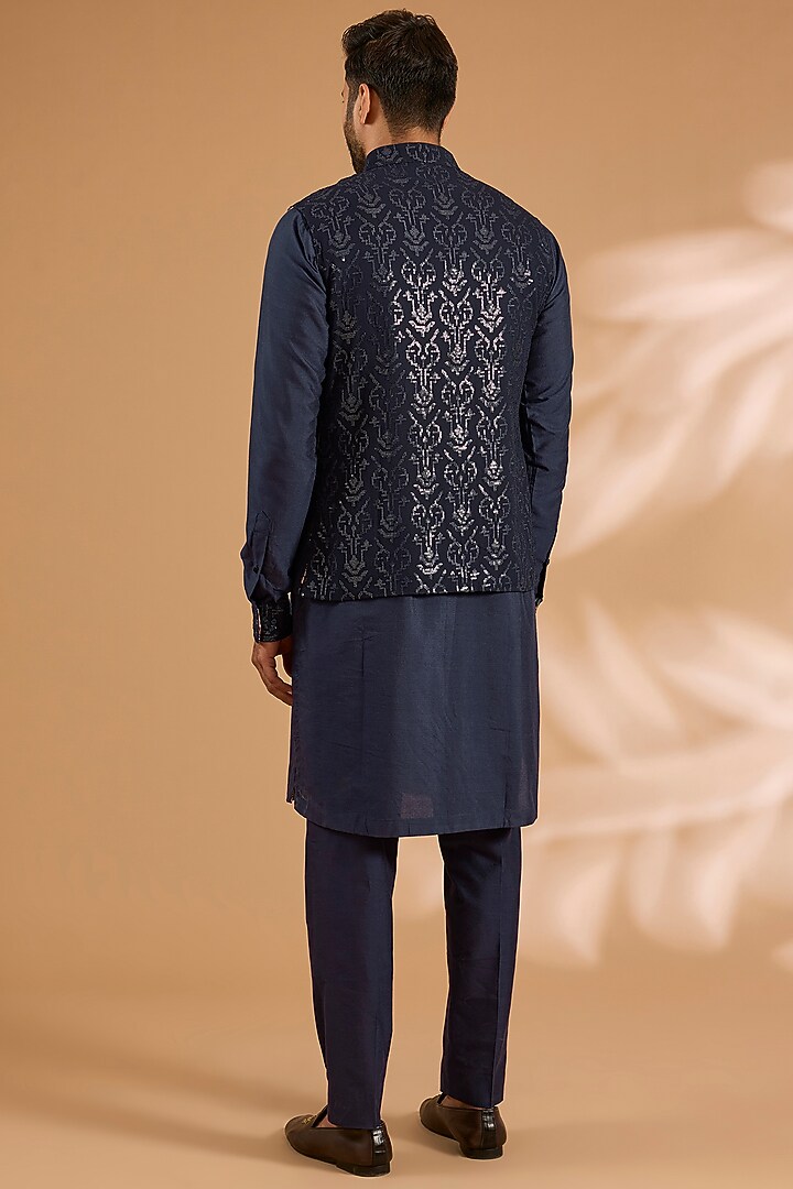 Blue Georgette Sequins Work Bundi Jacket Set by Rabani & Rakha Men at Pernia's Pop Up Shop