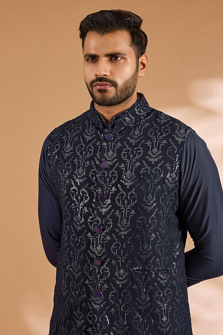 Blue Georgette Sequins Work Bundi Jacket Set by Rabani & Rakha Men at Pernia's Pop Up Shop
