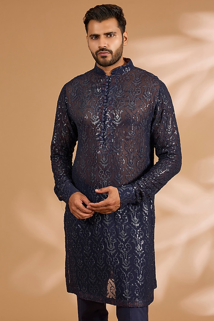Blue Georgette Sequins Work Kurta by Rabani & Rakha Men at Pernia's Pop Up Shop