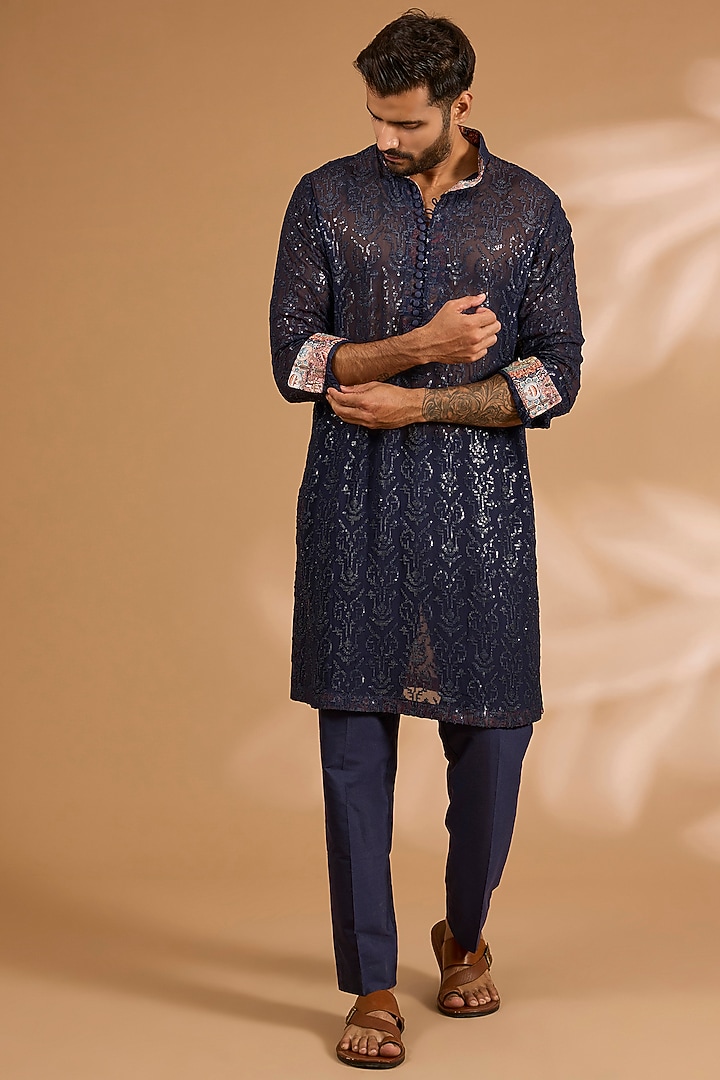 Blue Georgette Sequins Work Kurta by Rabani & Rakha Men at Pernia's Pop Up Shop