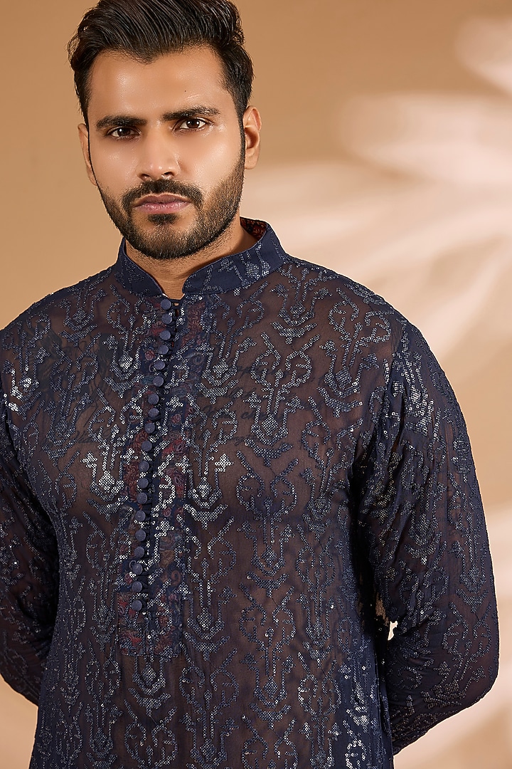 Blue Georgette Sequins Work Kurta by Rabani & Rakha Men at Pernia's Pop Up Shop