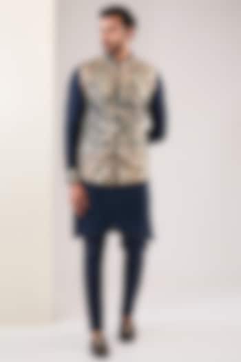 Blue Georgette Thread Embroidered Bundi Jacket With Kurta by Rabani & Rakha Men at Pernia's Pop Up Shop