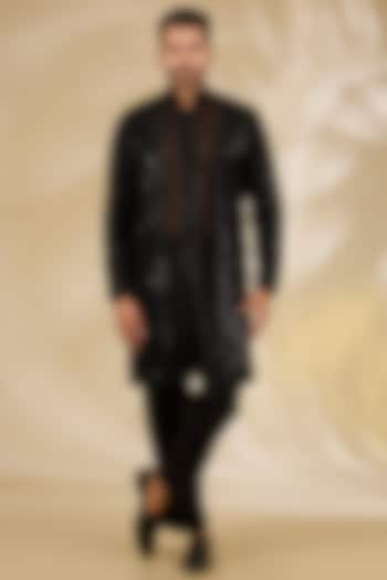 Black Net Cutwork Indo Western Jacket Set by Rabani & Rakha Men at Pernia's Pop Up Shop