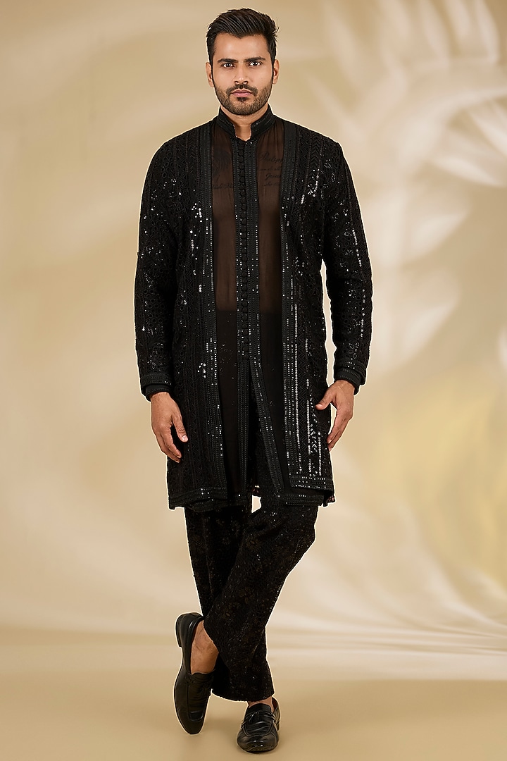 Black Net Cutwork Indo Western Jacket Set by Rabani & Rakha Men at Pernia's Pop Up Shop