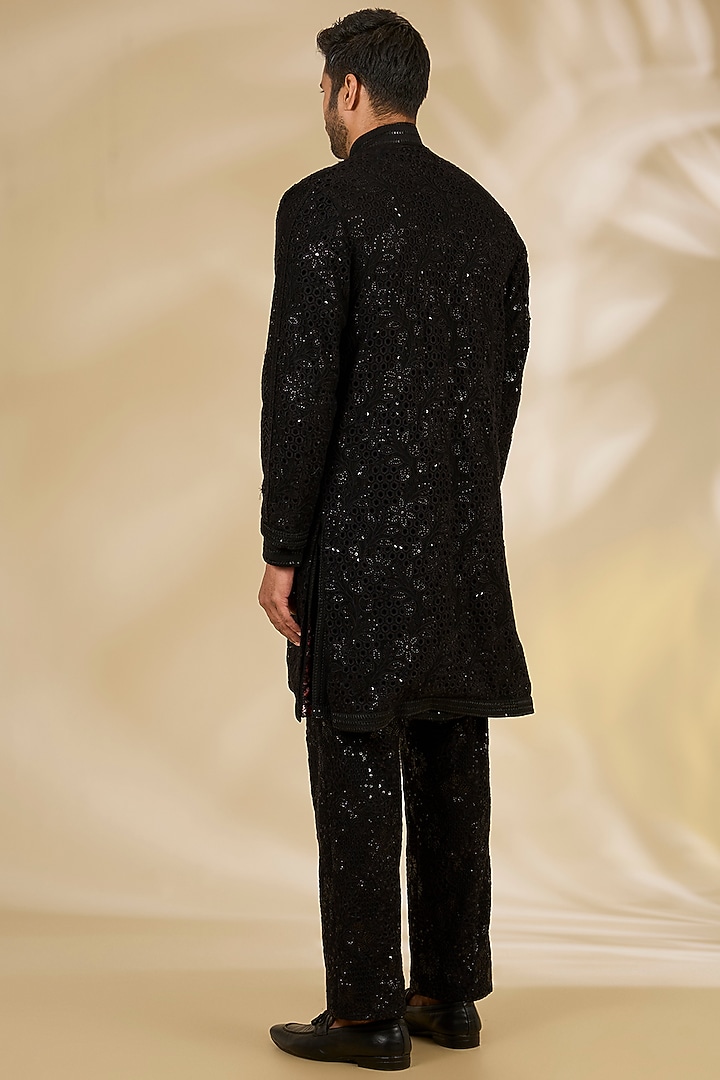 Black Net Cutwork Indo Western Jacket Set by Rabani & Rakha Men at Pernia's Pop Up Shop