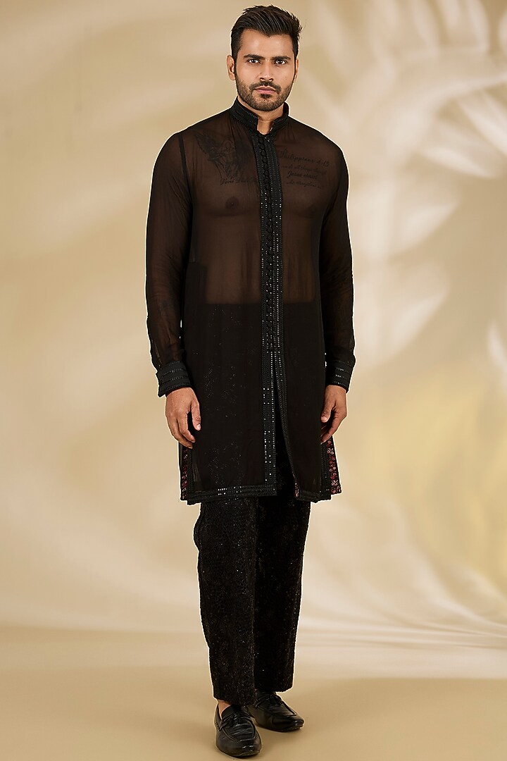 Black Net Cutwork Indo Western Jacket Set by Rabani & Rakha Men at Pernia's Pop Up Shop