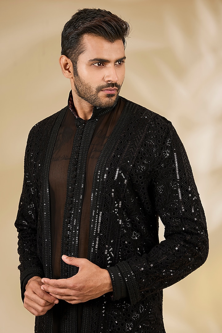 Black Net Cutwork Indo Western Jacket Set by Rabani & Rakha Men at Pernia's Pop Up Shop