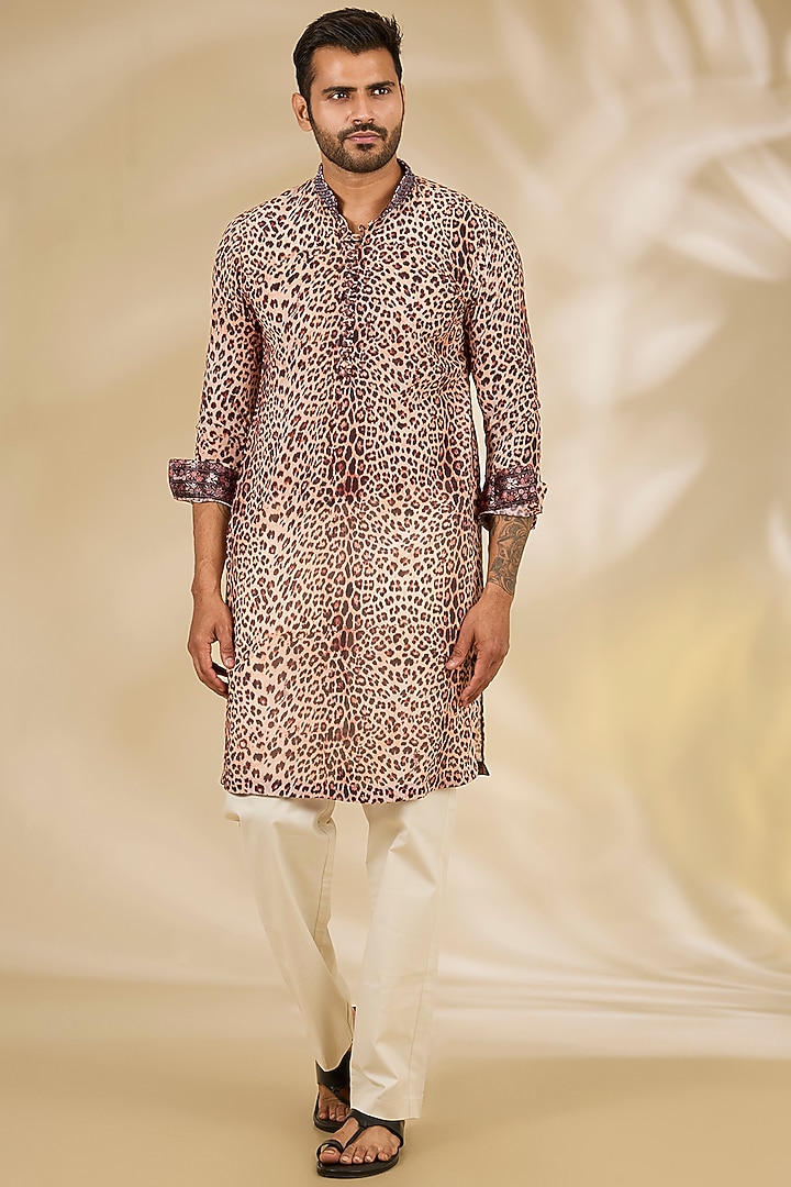 Blush Pink Georgette Printed & Bead Embroidered Kurta Set by Rabani & Rakha Men at Pernia's Pop Up Shop