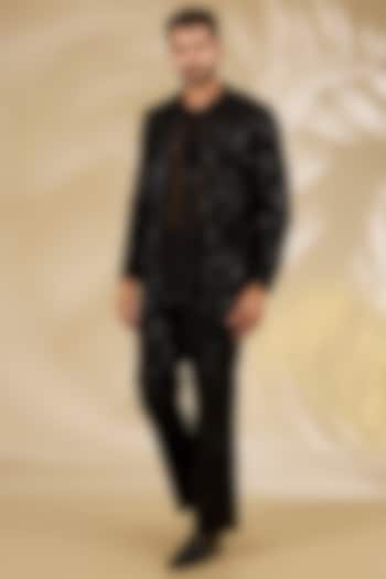 Black Net Cutwork Indo Western Jacket Set by Rabani & Rakha Men at Pernia's Pop Up Shop