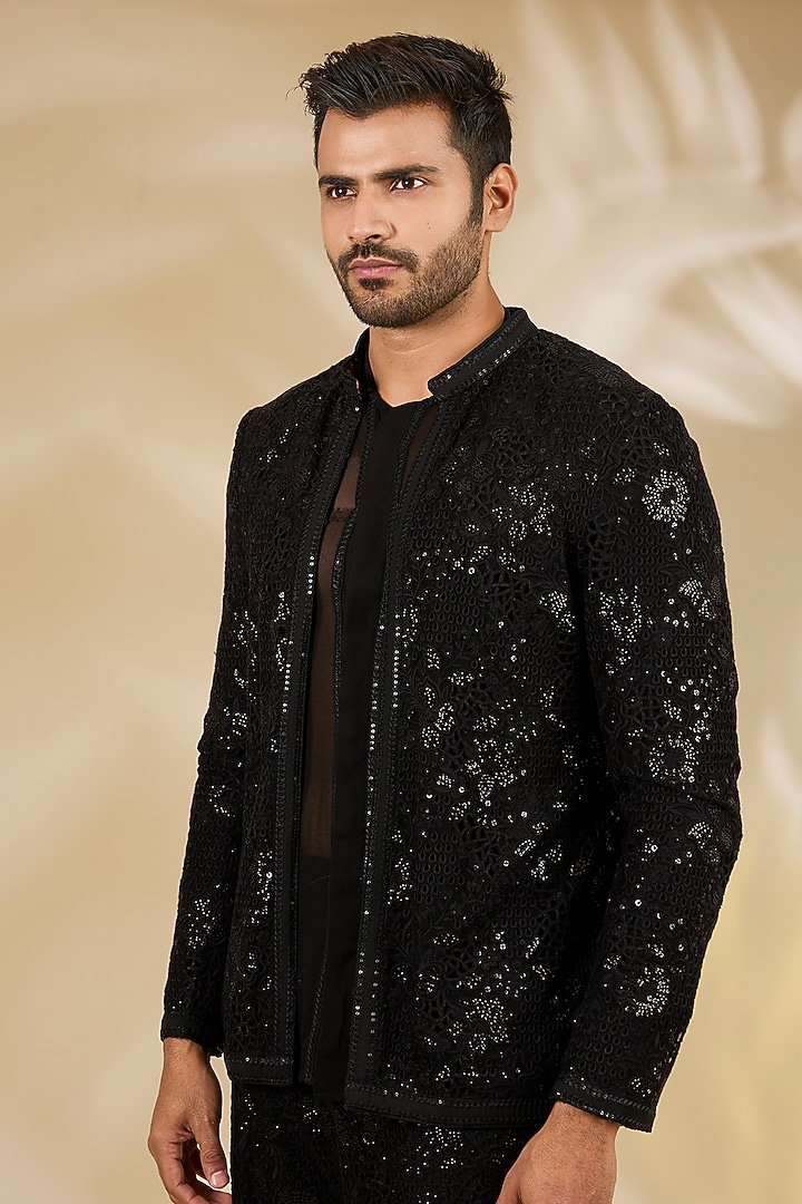 Black Net Cutwork Indo Western Jacket Set by Rabani & Rakha Men at Pernia's Pop Up Shop