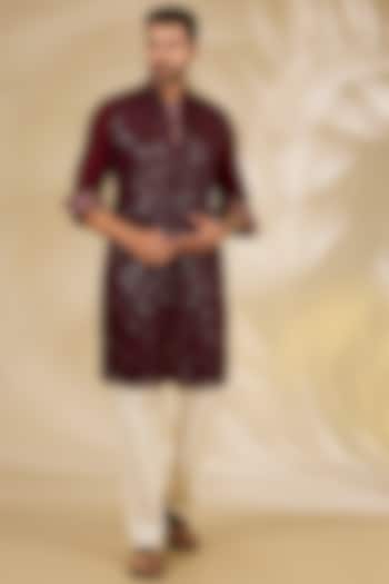 Ox-Blood Colored Georgette Sequins Embroidered Kurta Set by Rabani & Rakha Men at Pernia's Pop Up Shop