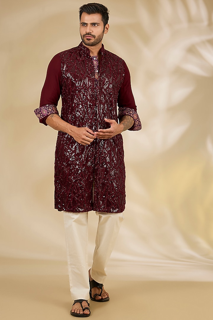 Ox-Blood Colored Georgette Sequins Embroidered Kurta Set by Rabani & Rakha Men at Pernia's Pop Up Shop