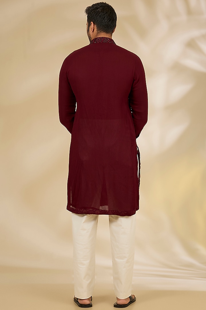 Ox-Blood Colored Georgette Sequins Embroidered Kurta Set by Rabani & Rakha Men at Pernia's Pop Up Shop