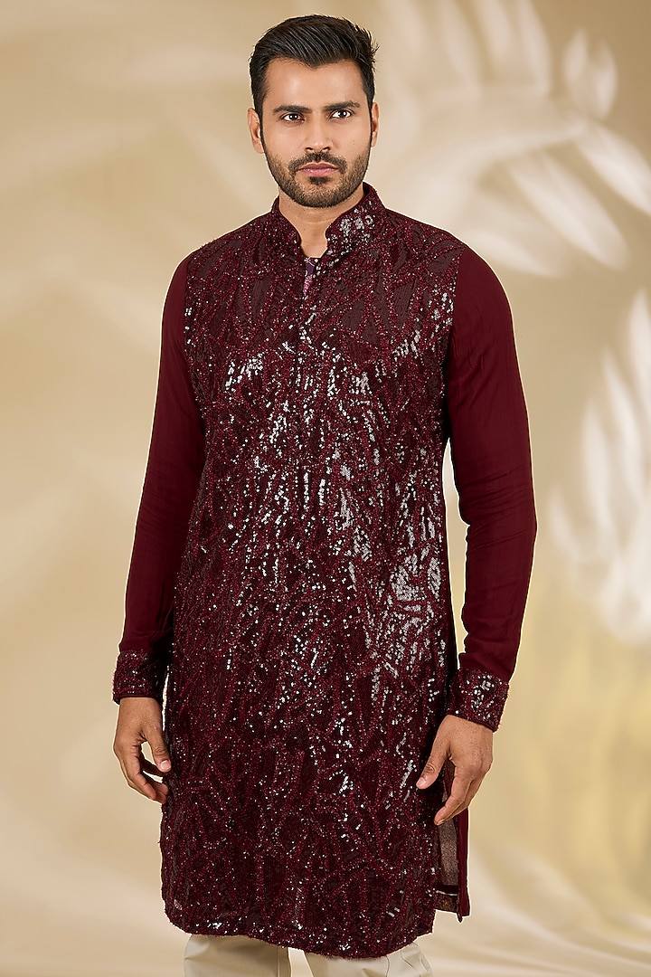 Ox-Blood Colored Georgette Sequins Embroidered Kurta Set by Rabani & Rakha Men at Pernia's Pop Up Shop