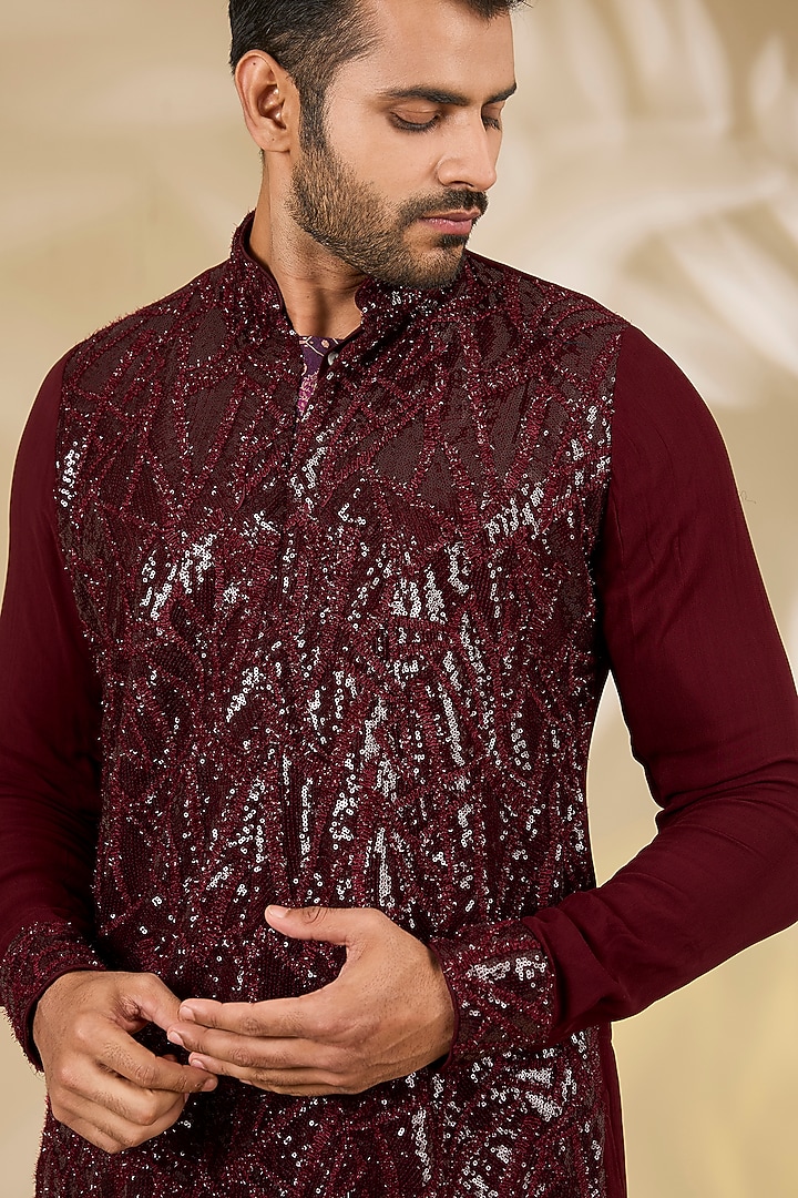 Ox-Blood Colored Georgette Sequins Embroidered Kurta Set by Rabani & Rakha Men at Pernia's Pop Up Shop