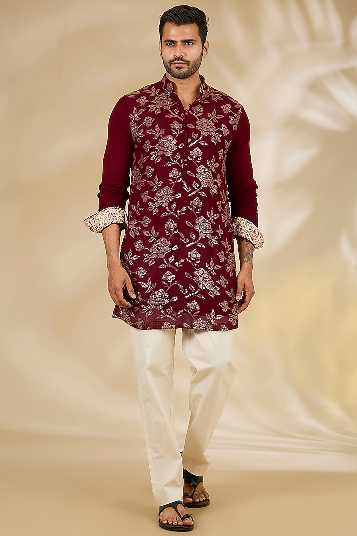 Maroon Georgette Printed & Sequins Embroidered Kurta Set by Rabani & Rakha Men at Pernia's Pop Up Shop