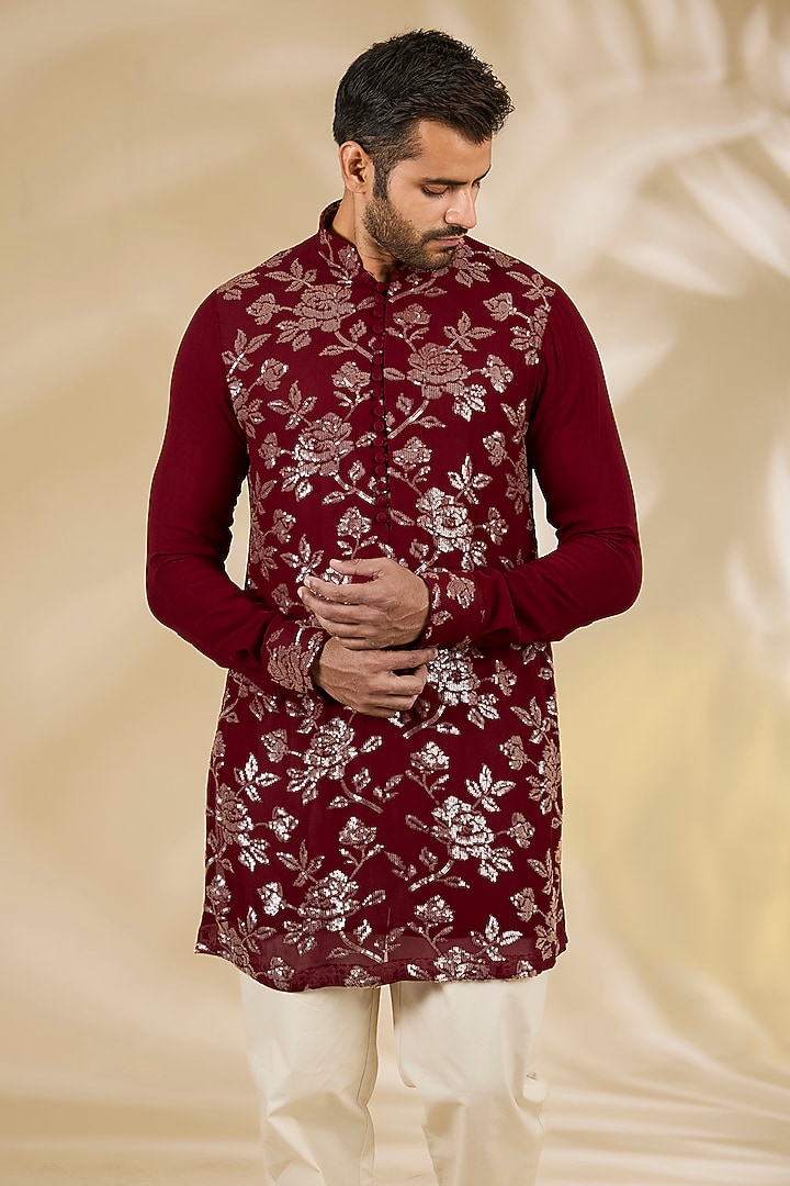 Maroon Georgette Printed & Sequins Embroidered Kurta Set by Rabani & Rakha Men at Pernia's Pop Up Shop