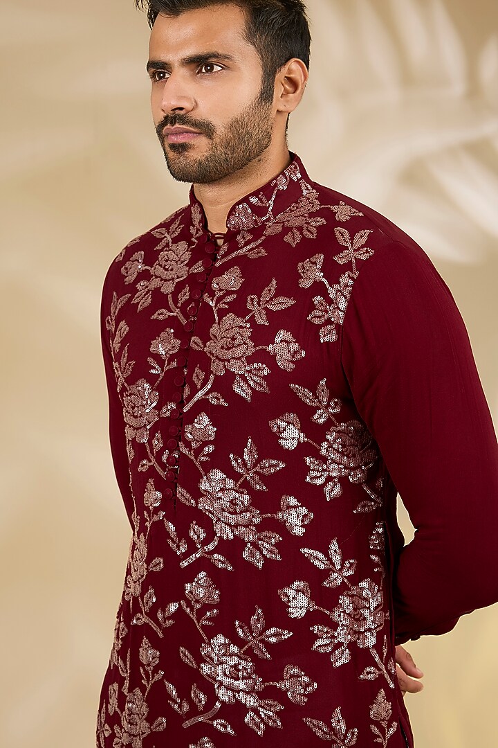 Maroon Georgette Printed & Sequins Embroidered Kurta Set by Rabani & Rakha Men at Pernia's Pop Up Shop