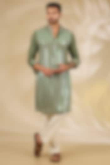 Moss Green Georgette Printed & Sequins Embroidered Kurta Set by Rabani & Rakha Men at Pernia's Pop Up Shop