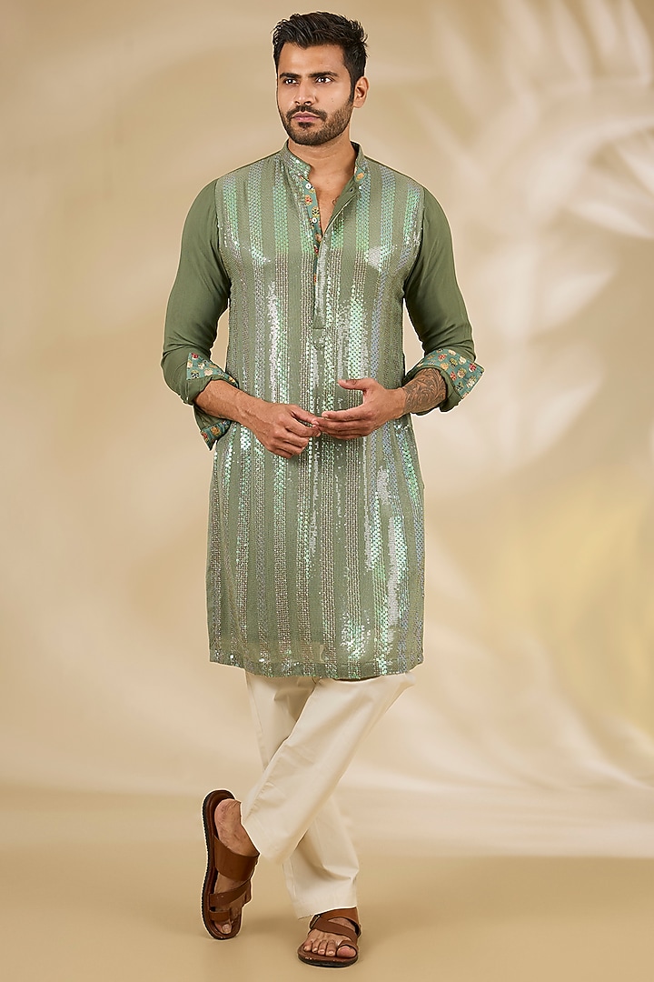 Moss Green Georgette Printed & Sequins Embroidered Kurta Set by Rabani & Rakha Men at Pernia's Pop Up Shop