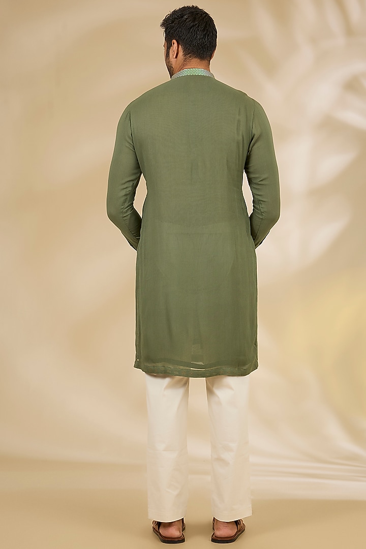 Moss Green Georgette Printed & Sequins Embroidered Kurta Set by Rabani & Rakha Men at Pernia's Pop Up Shop