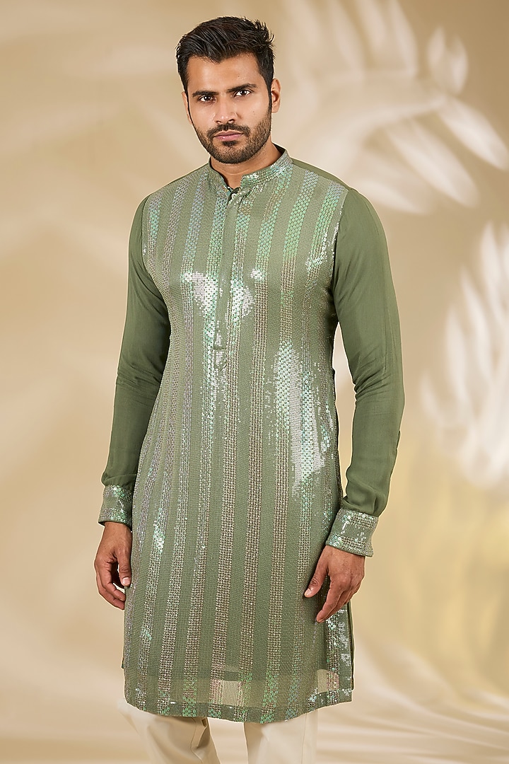 Moss Green Georgette Printed & Sequins Embroidered Kurta Set by Rabani & Rakha Men at Pernia's Pop Up Shop