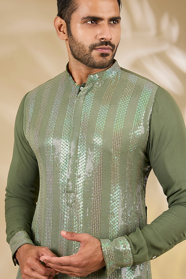 Moss Green Georgette Printed & Sequins Embroidered Kurta Set by Rabani & Rakha Men at Pernia's Pop Up Shop