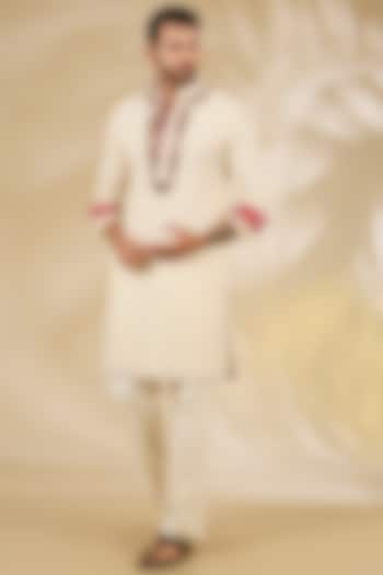 Ivory Georgette Printed & Hand Embroidered Kurta Set by Rabani & Rakha Men at Pernia's Pop Up Shop