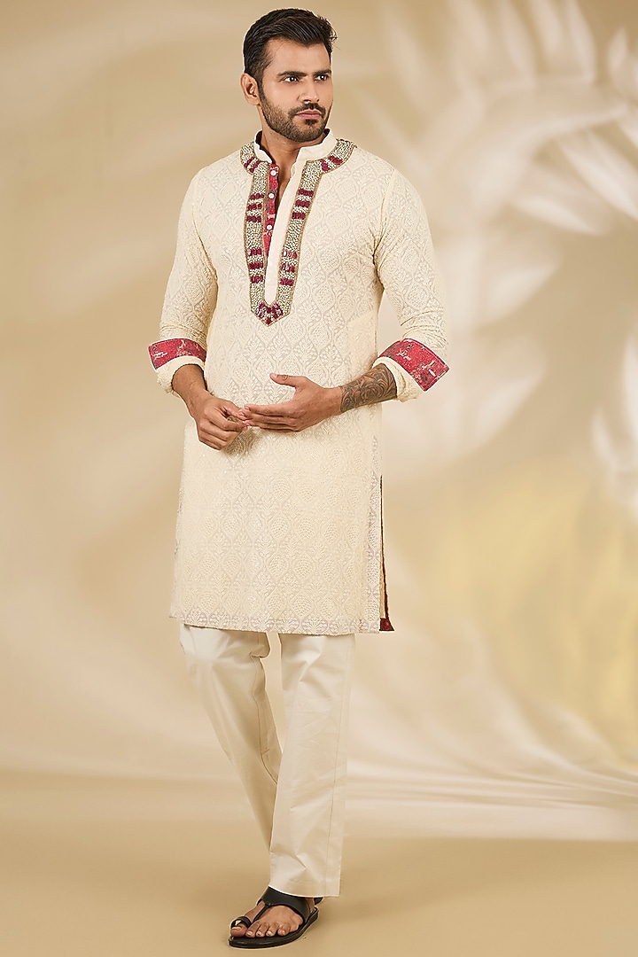 Ivory Georgette Printed & Hand Embroidered Kurta Set by Rabani & Rakha Men at Pernia's Pop Up Shop