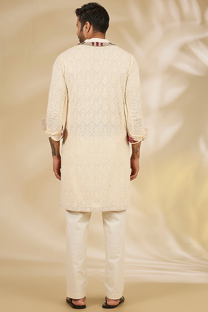 Ivory Georgette Printed & Hand Embroidered Kurta Set by Rabani & Rakha Men at Pernia's Pop Up Shop