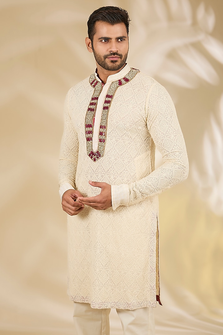 Ivory Georgette Printed & Hand Embroidered Kurta Set by Rabani & Rakha Men at Pernia's Pop Up Shop