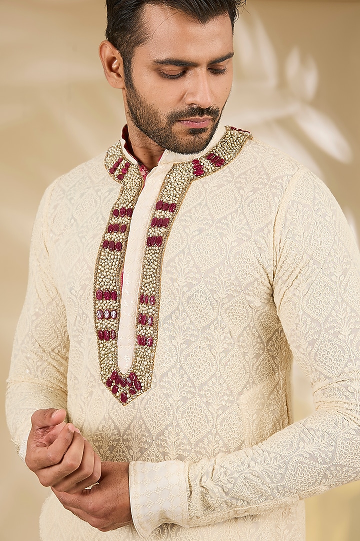 Ivory Georgette Printed & Hand Embroidered Kurta Set by Rabani & Rakha Men at Pernia's Pop Up Shop