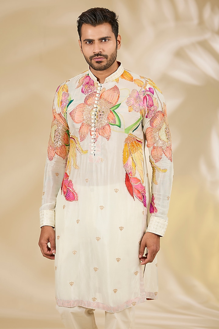 Cream Georgette Printed & Zari Embroidered Kurta Set by Rabani & Rakha Men at Pernia's Pop Up Shop