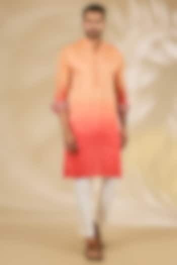 Orange-Peach Shaded Georgette Thread Embroidered Kurta Set by Rabani & Rakha Men at Pernia's Pop Up Shop